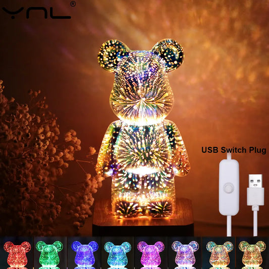 Luz nocturna de oso de fuegos artificiales 3D, proyector de cristal LED regulable, colorido, USB, ambiente, escritorio, habitación, mesa, decoración, regalo de iluminación