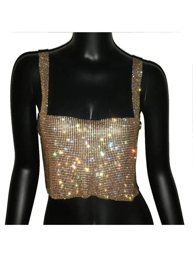 Top corto Sexy para fiesta con diamantes de imitación ostentosos, Top liso con tirantes y espalda descubierta, Top corto con lentejuelas y diamantes para mujer 2022