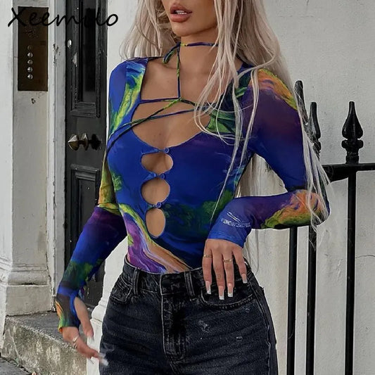 Xeemilo Aesthetic Tie-dye Hollowed Bodysuit Sexy Deep V-neck  Bodycon Bodice 2023 Autumn Party Club Long Sleeve Bodysuits