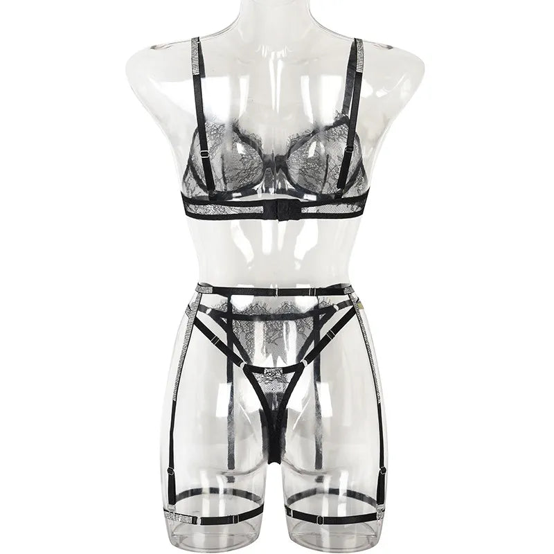 Lencería con diamantes de imitación para mujer, traje transparente Sexy, ropa interior de encaje, conjunto de sujetador y bragas, ropa íntima de lujo sin censura