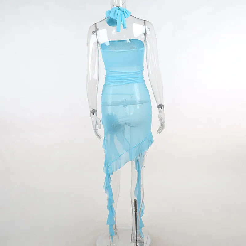 Vestido Sexy Y2K con volantes de Hada en 3D y flores para mujer, Mini vestido ceñido transparente de malla, trajes de fiesta de playa para chicas de especias irregulares 2023