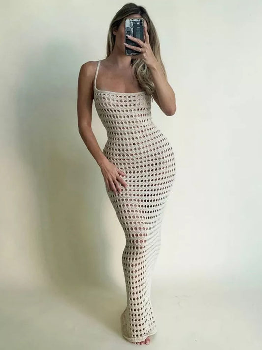 Sibybo – robe longue tricotée au Crochet, à bretelles en pierre, Sexy, transparente, pour la plage, sans manches, tenue de soirée, été