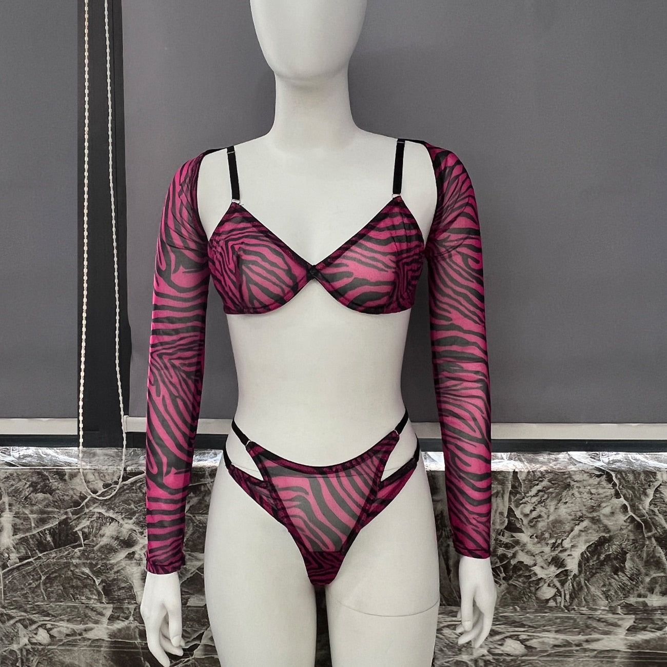 Conjunto de lencería de cebra para Top corto completo, conjunto ajustado de encaje transparente transparente, bragas íntimas sin costuras