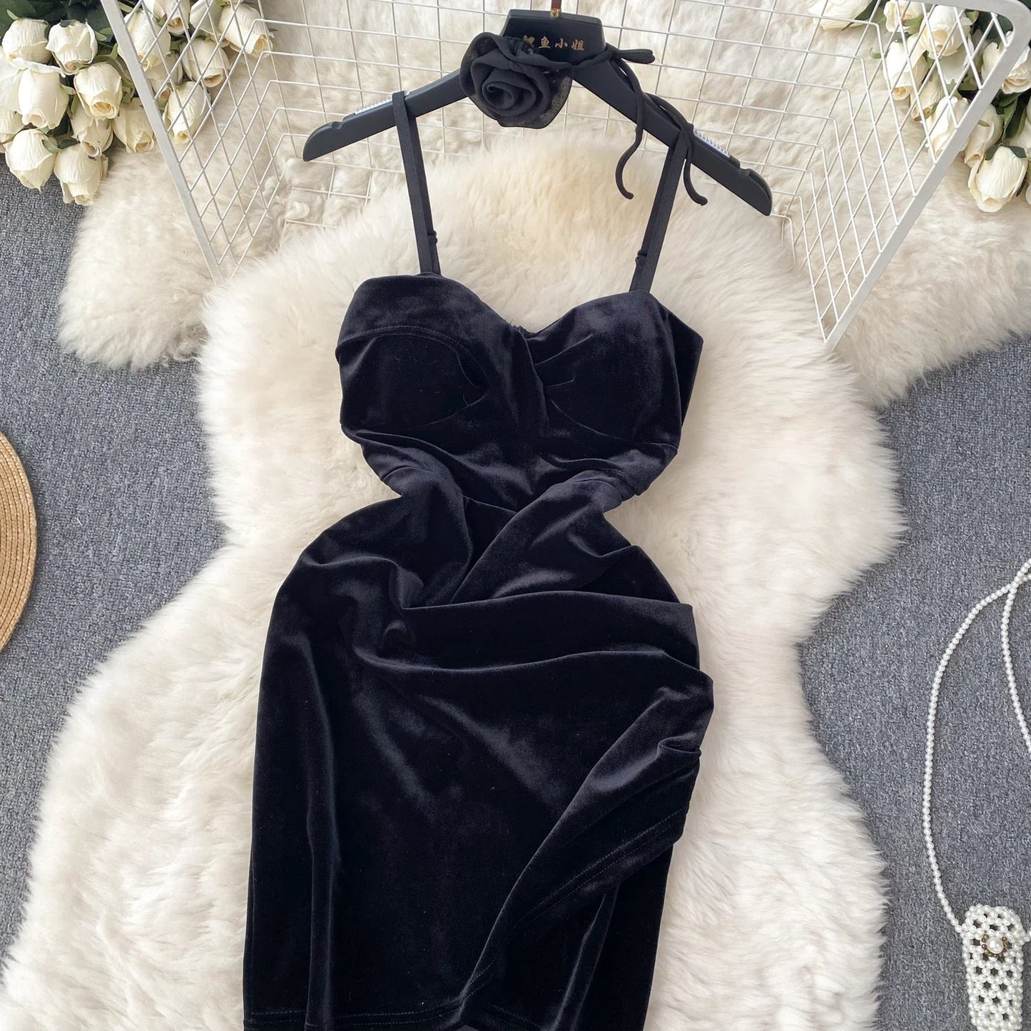 Christmas Velvet Sexy Evening Dress Rose Halter Strap Zipper Sheath 2023 Fashion Senior Sensual Night Club Outfit Wanita