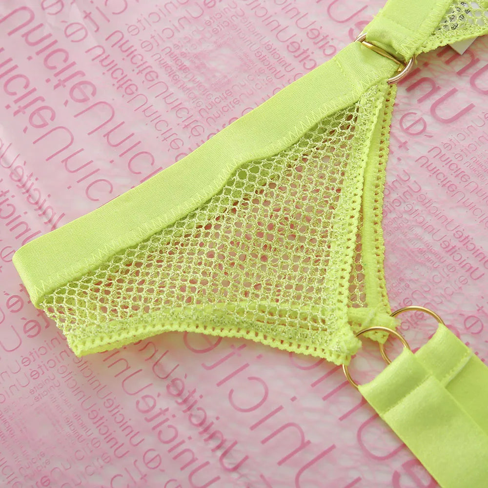 Lingerie Sexy néon avec chaussettes, sous-vêtements transparents en dentelle avec nœud papillon, maille transparente, ensembles transparents, 5 pièces