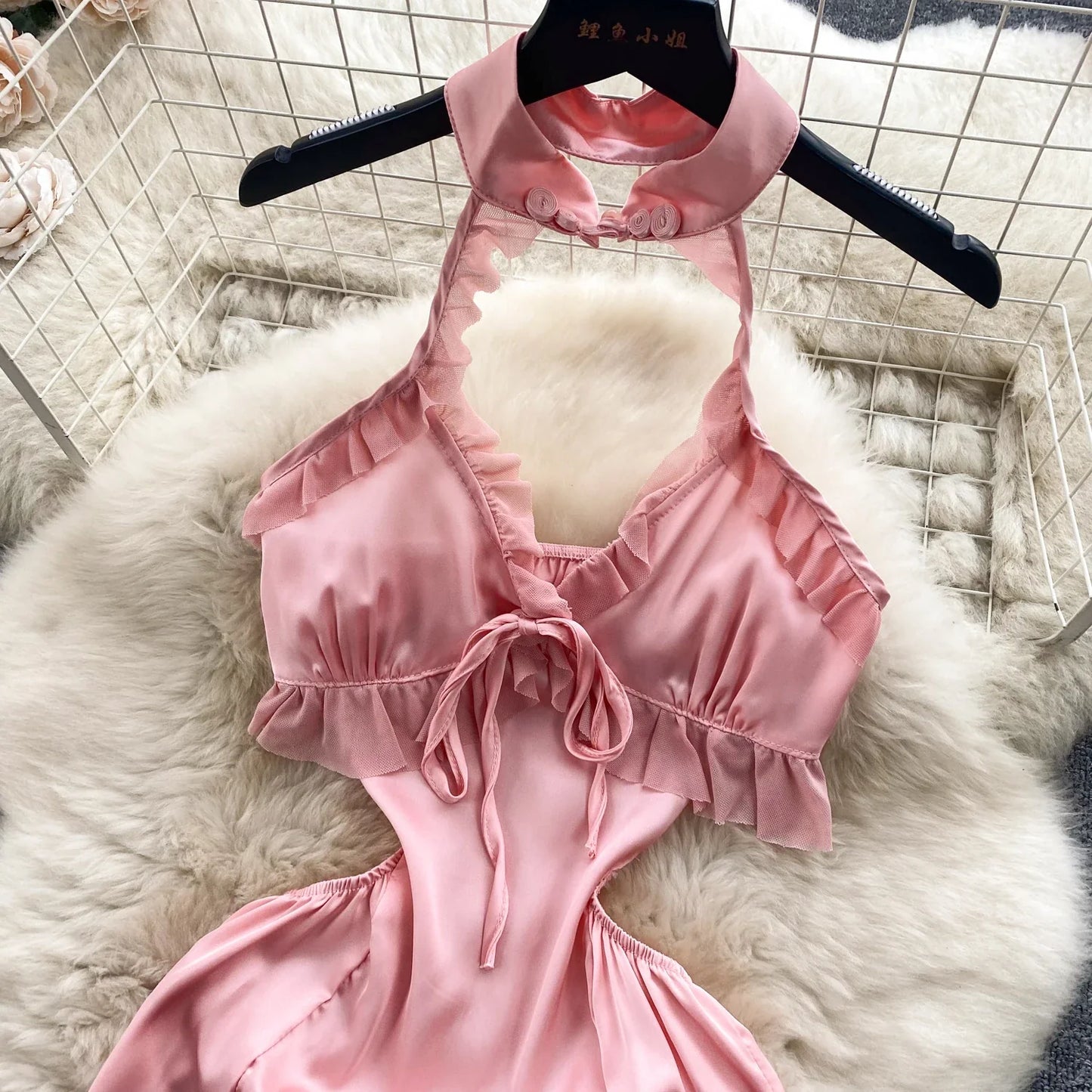 Sensual Ruffles Mini Halter Dress Women Hollow Out Backless Slim Split Nightdress Fashion Sexy   Nightwear Wanita