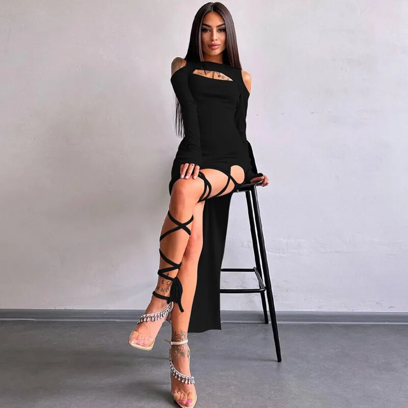 Cold Shoulder Long Sleeve Maxi Dress Cut Out  Bodycon Dress Sexy Party Night Club Long Dress Women Autumn Winter