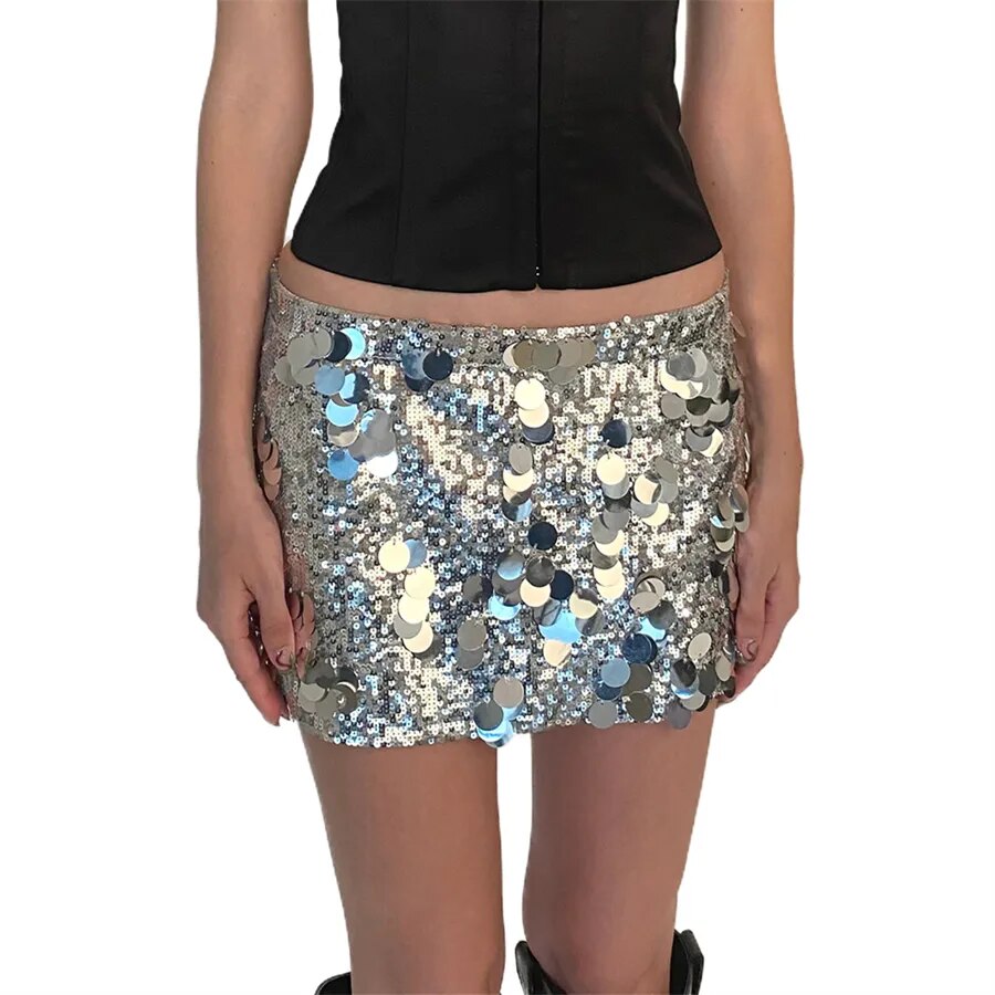 Women Shiny Sequins Mini Skirt Summer Sexy Low Waist Elastic Bodycon Skirt for Beaches Club Streetwear Glitters Short Skirt