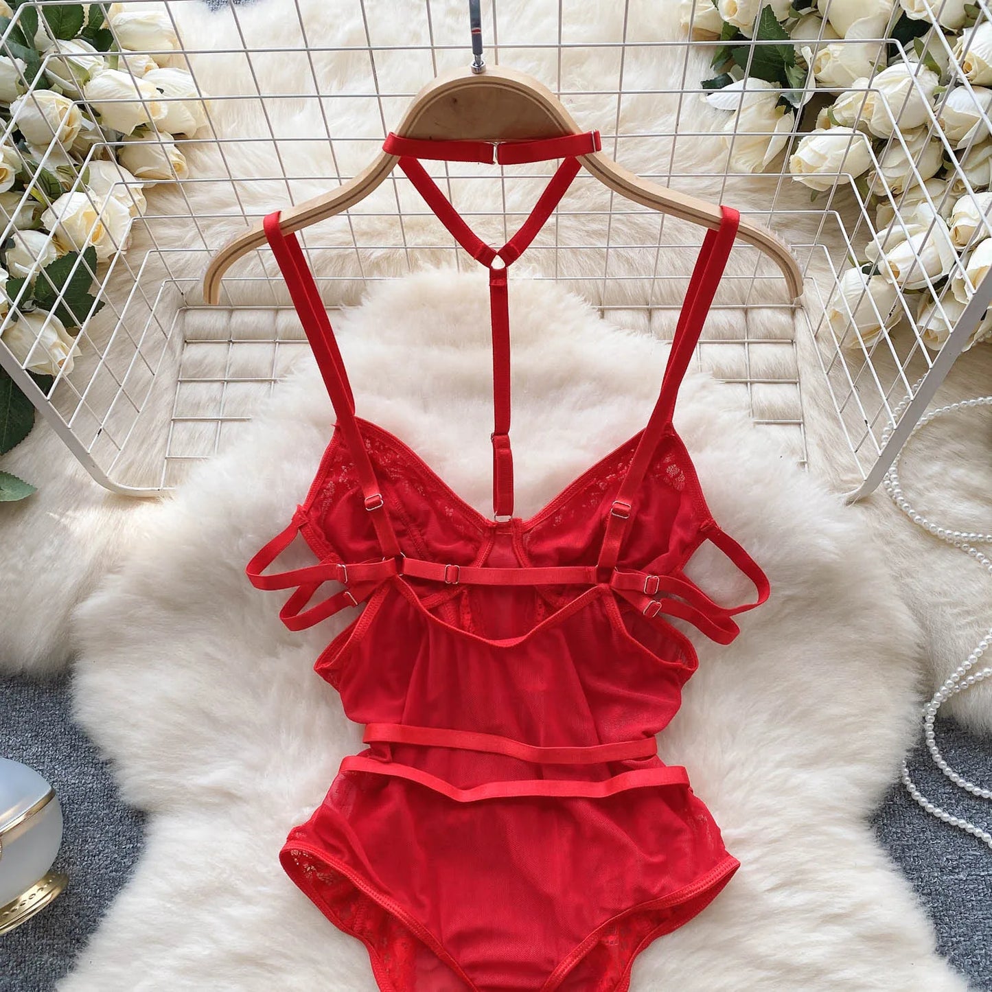 Women Sensual Hollow Out Playsuits Female Halter Strap Transparent Thin Slim Jumpsuits 2023 Mesh Lace Sexy Bodysuits Wanita