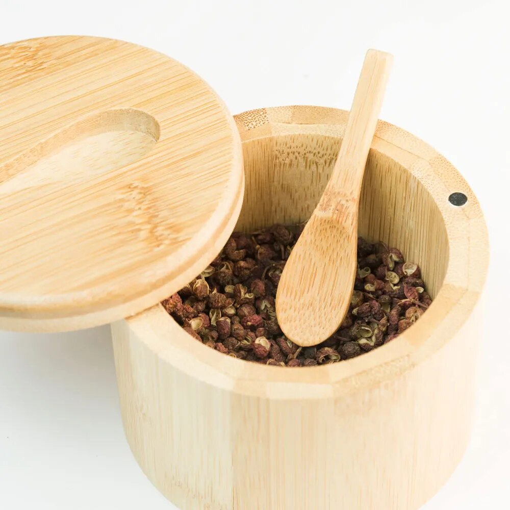 Bamboo Salt Container Spoon Seasoning Jar With Swivel Magnetic Closure Lid to Keep Dry To Storage Pepper Spice Cellar Holder