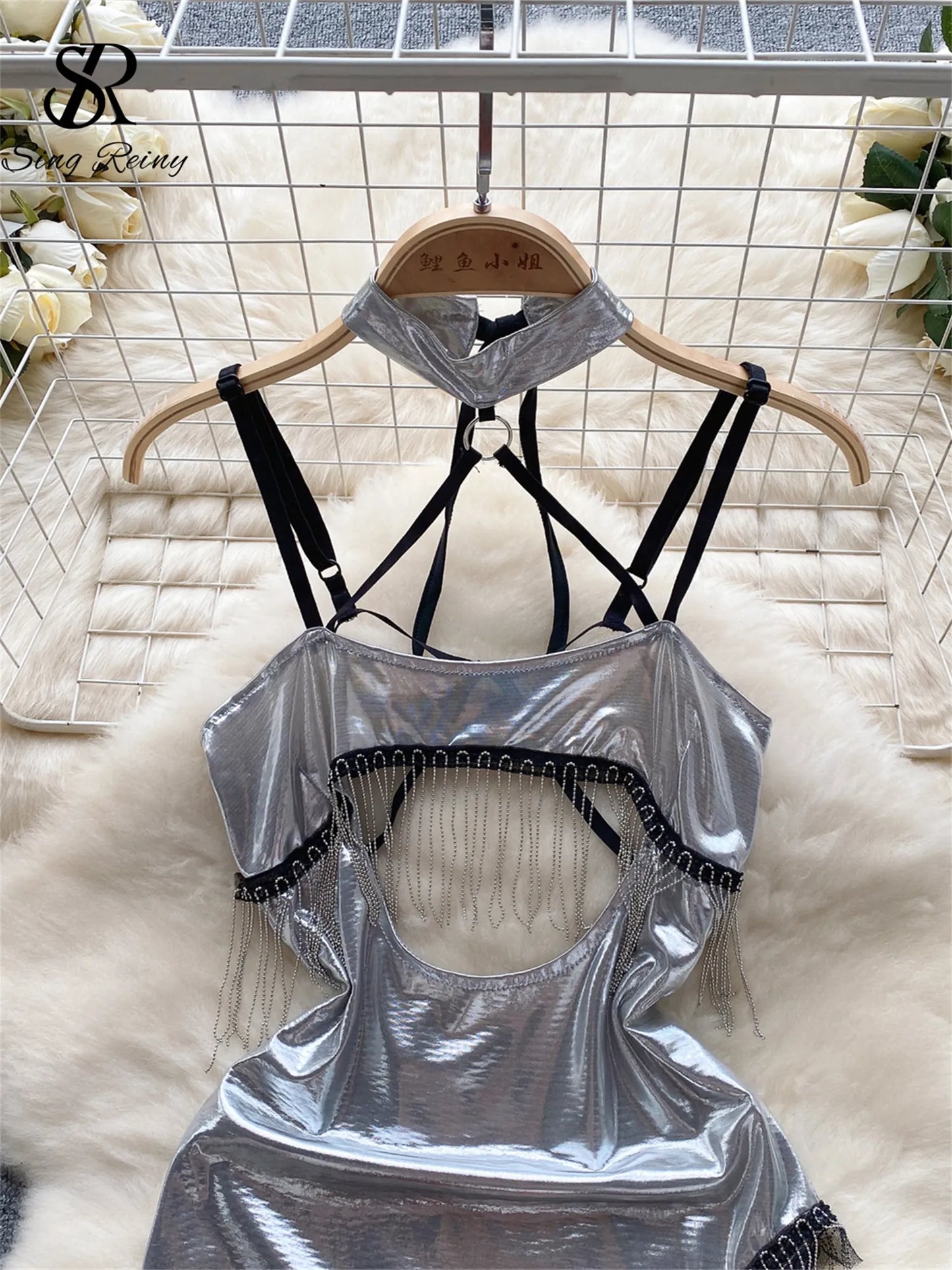 Fashion Shiny Sexy Mini Dress Halter Strap Chain Tassel Irregular Backless Streetwear 2023 Hollow Out o Sleepwear Wanita