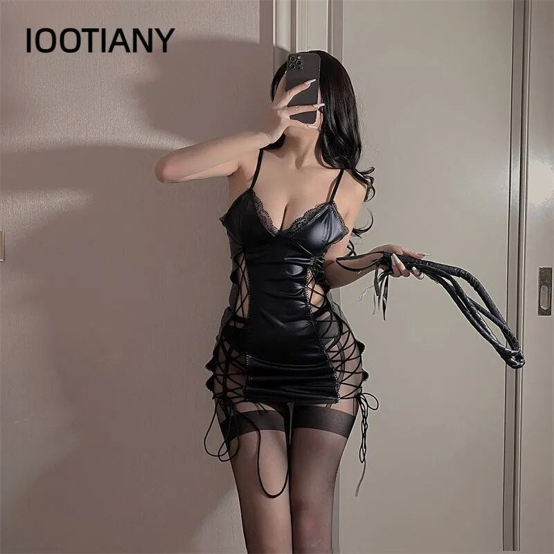 IOOTIANY Glossy Patent Leather Nightdress Women Wet Look Sexy Lingerie Backless Breast Expose Bodycon Lace Up Cosplay Dress