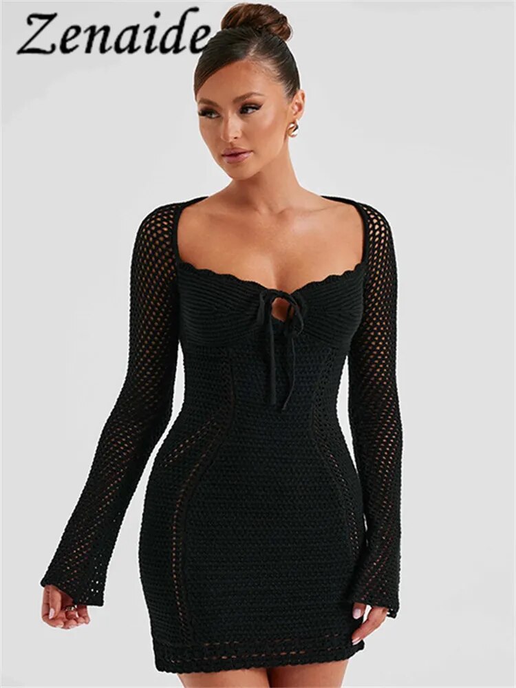 Zenaide – robe Mini à manches longues, ajourée, Sexy, transparente, tricotée, Crochet, dos nu, tenue de soirée, automne 2023