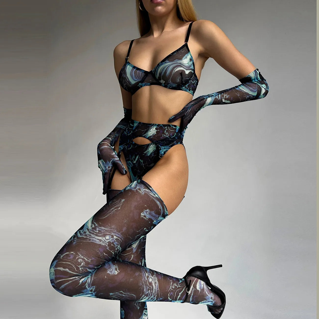 Tie Dye Lingerie With Stocking Gloves Sexy Fancy Underwear 5-Piece Uncensored Intimate See Through Mesh Sensual Outfit