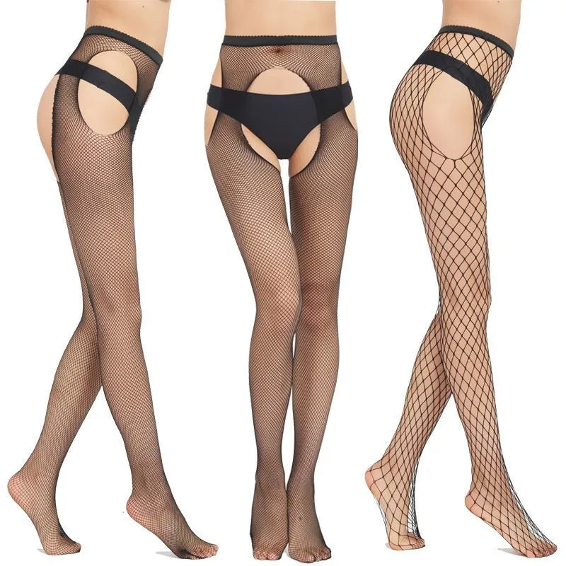 Collants Sexy en résille pour femmes, entrejambe ouvert, en filet de poisson, cuisses hautes, genoux, bas de corps, Costume en maille noire, chaussettes pour adultes