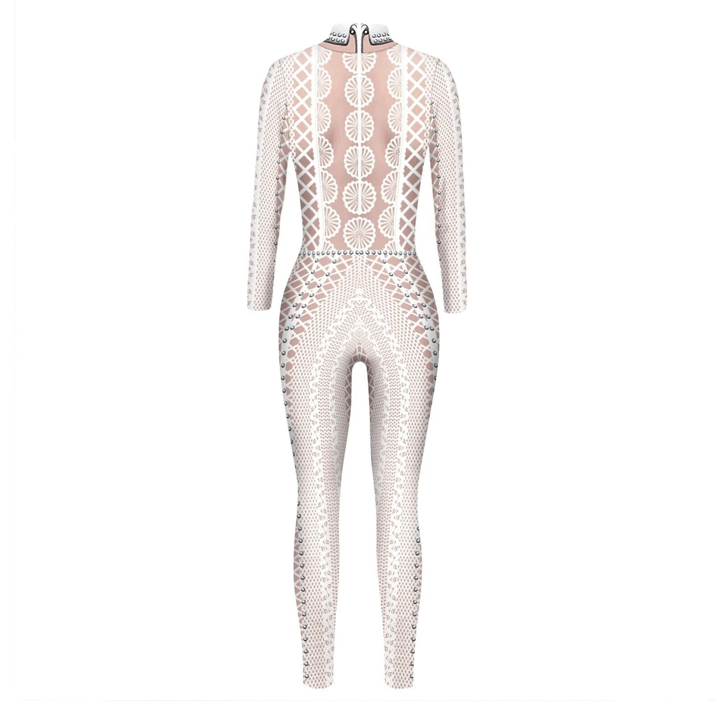 Women's Turtleneck Simulation 3D Printing Pearl and LaceZip Bodysuit Full Body Bodysuit Halloween Costume Mint Jumpsuit Women