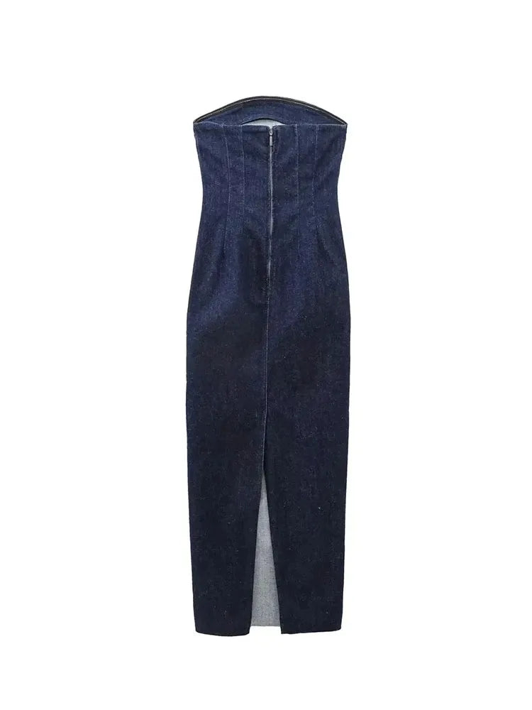 Nlzgmsj TRAF Sexy bretelles dos nu fermeture éclair robe fendue fête bleu Denim femme longue robe pour les femmes robes de soirée d'été