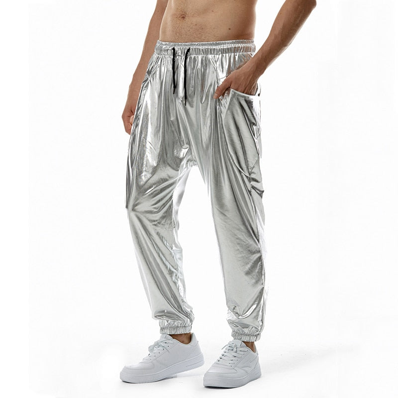 Pantalones de chándal para correr metálicos dorados brillantes para hombre, pantalones Cargo informales de Hip Hop con bolsillo, ropa de calle para fiesta de baile disco, fiesta de graduación