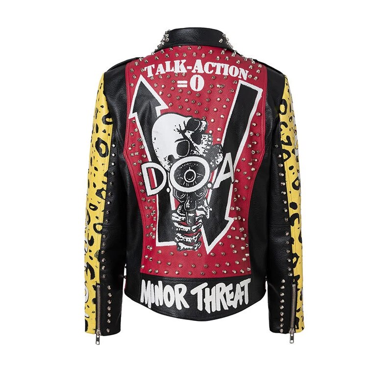 Graffiti Print Leather Jacket for Women's and Mens 2023 Punk Rivets Streetwear Contrast Stitched Faux Leather Motorcycle Jackets