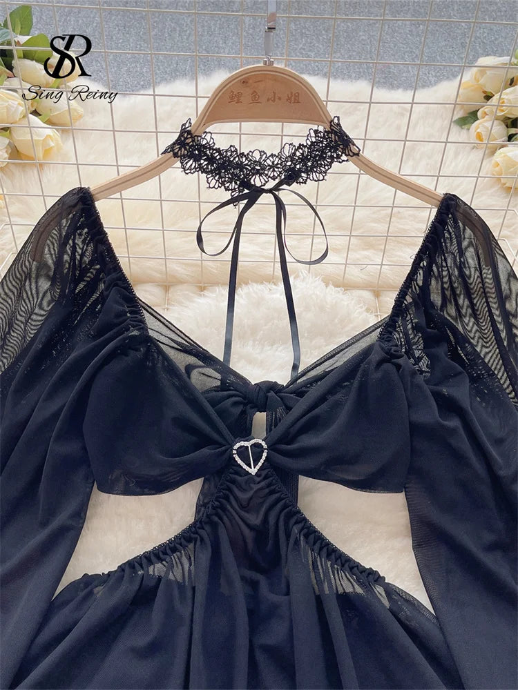 Hollow Out Mesh Sexy Dress Women Transparent A Line Swimsuits+Thongs 2023 Sheer   Sensual Mini Nightdress Wanita