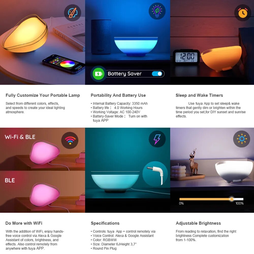 Lampe de bureau intelligente Wifi, lampe de chevet RGB, veilleuse au rythme de la musique, Compatible avec Alexa Google Home, pour chambre à coucher, fête, salle de jeux