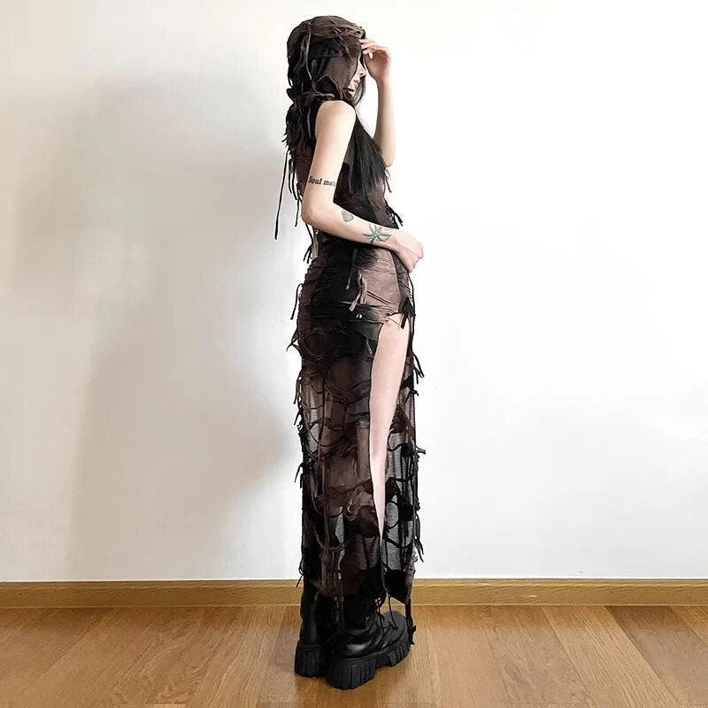 Wasteland Style Irregular Made Old Vintage Tie Dyed Hooded  Dress Women Summer Sleeveless Slim Fit Tassel Split Long Dress Trend