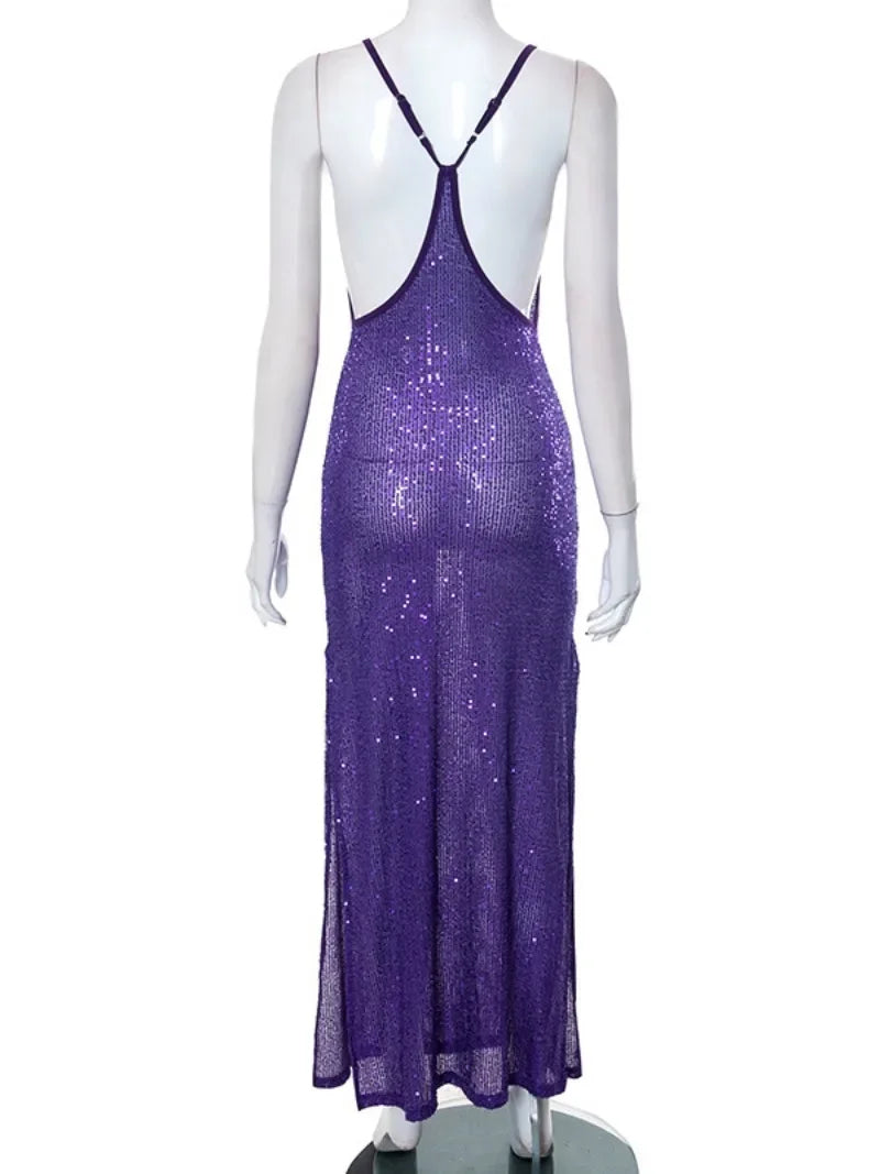 Robe de soirée transparente à paillettes de luxe, dos nu, violet, Sexy, sans manches, fente sur les deux côtés, robes formelles de soirée, automne 2023