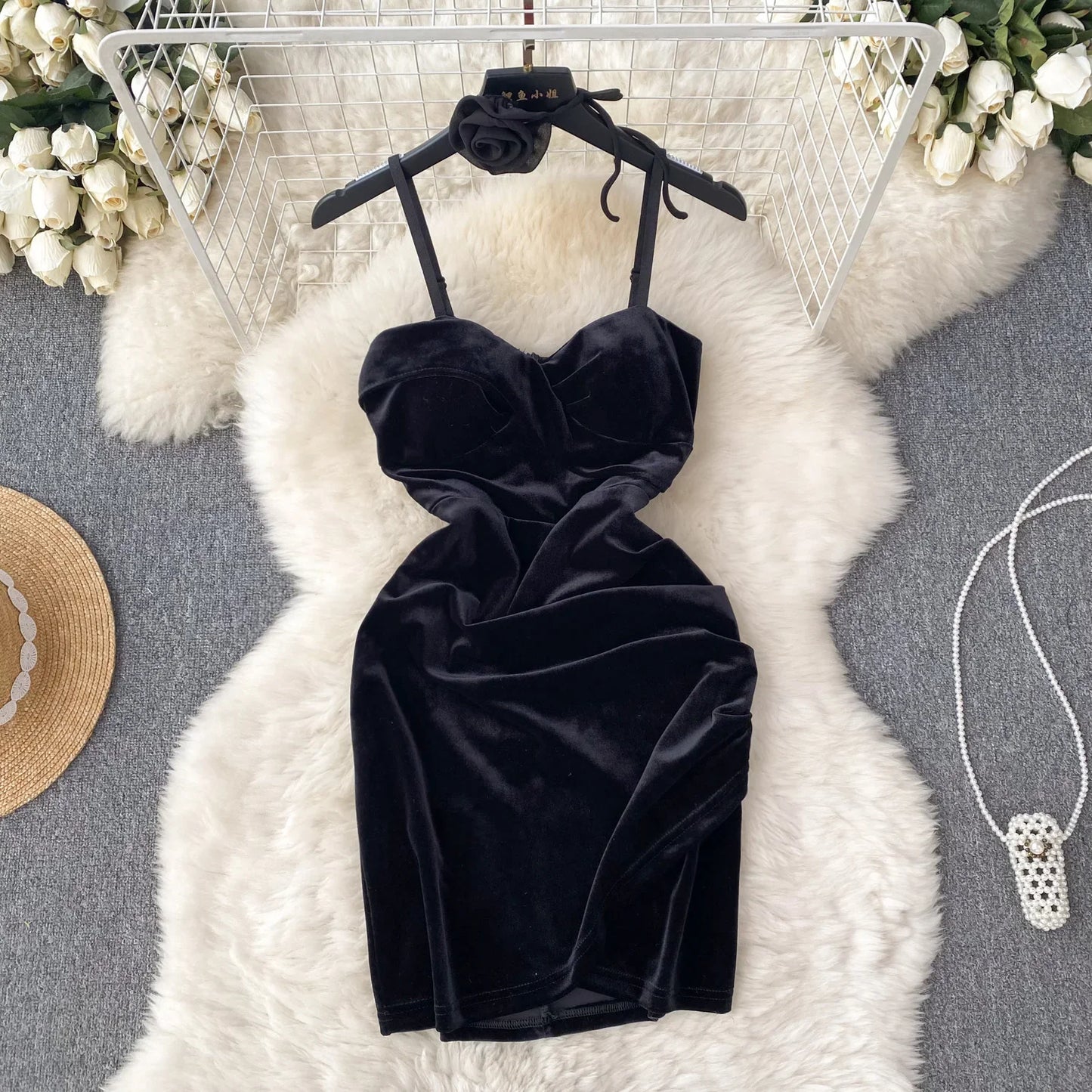 Christmas Velvet Sexy Evening Dress Rose Halter Strap Zipper Sheath 2023 Fashion Senior Sensual Night Club Outfit Wanita