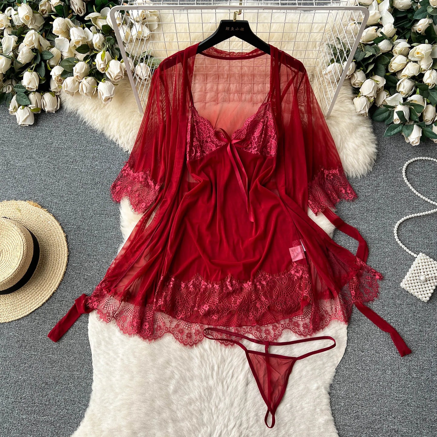 Women Sexy Lace Nightwear Suits Transparent Short Dress+Mesh Cardigans+Thongs 2023 Sheer   Nightdress Sets Wanita