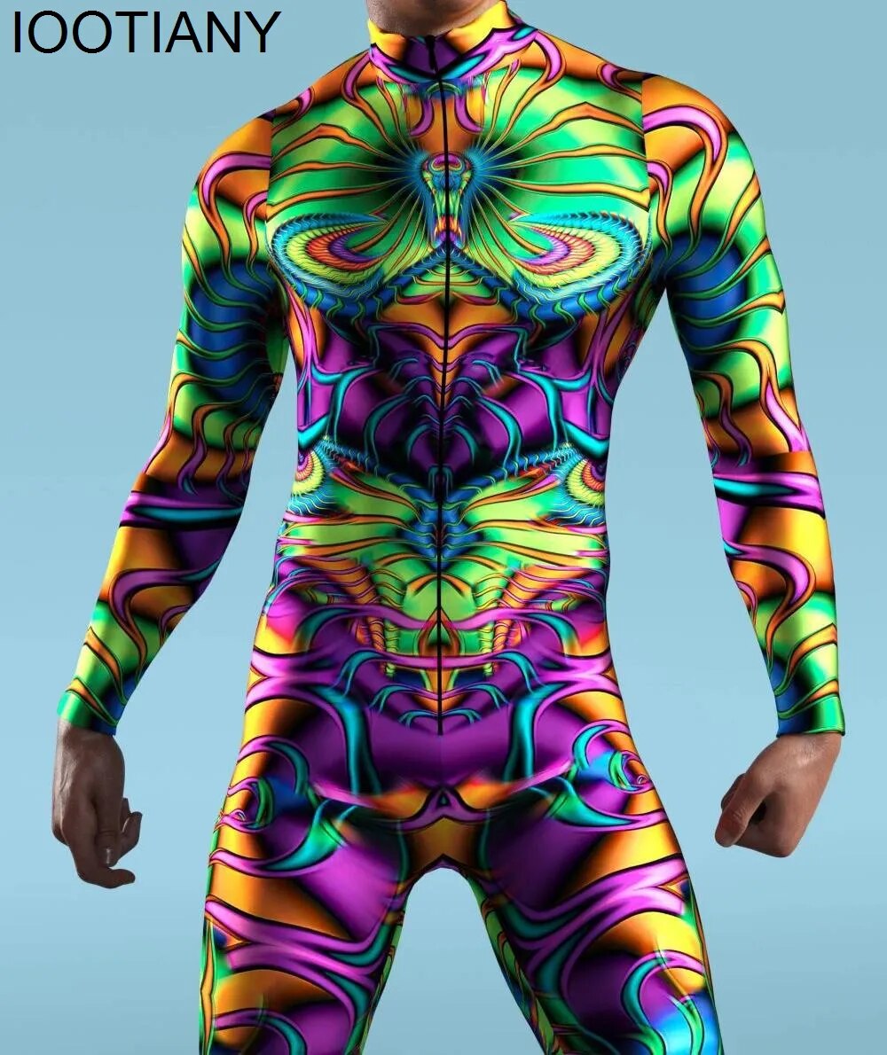 Colorful Machine Zentai Men For Bodysuit Thumb Sleeves Cosplay Costume Front Zipper Jumpsuit Carnival Festival Outfit 2023