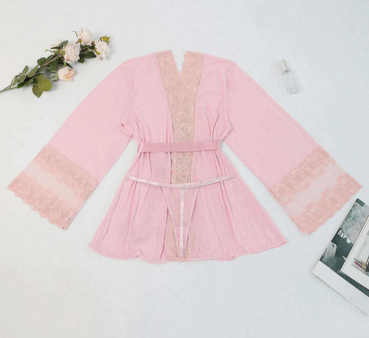 Wanita Sexy Robe en dentelle à manches longues vêtements de nuit rose clair vêtements de nuit demoiselles d'honneur cadeaux à lacets pyjama de nuit