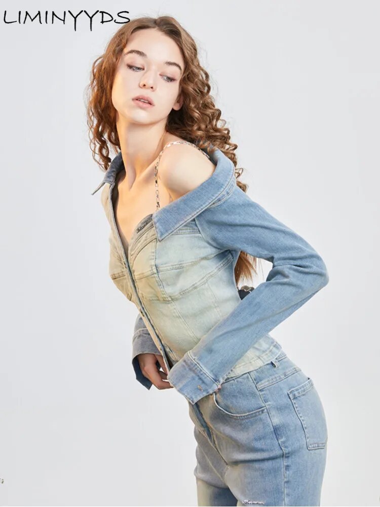 Denim Shirt Jacket Design Sense Of Minority Shirt With Off Shoulder Shirt Early Spring Women's Blouse