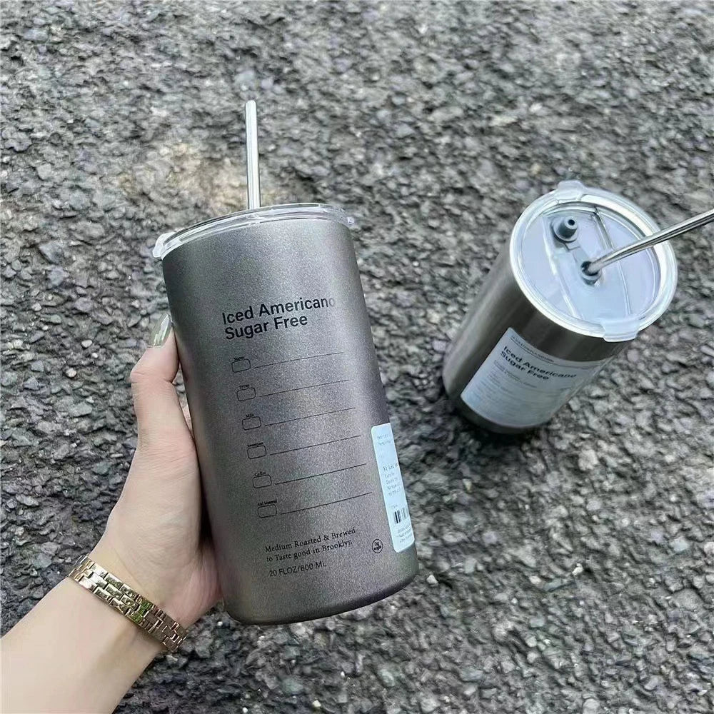 Coffee Cup Thermos 304 Stainless Steel Double -layer Cooler Straw Cup Portable Reusable Ins Ice American Coffee Mug Water Bottle