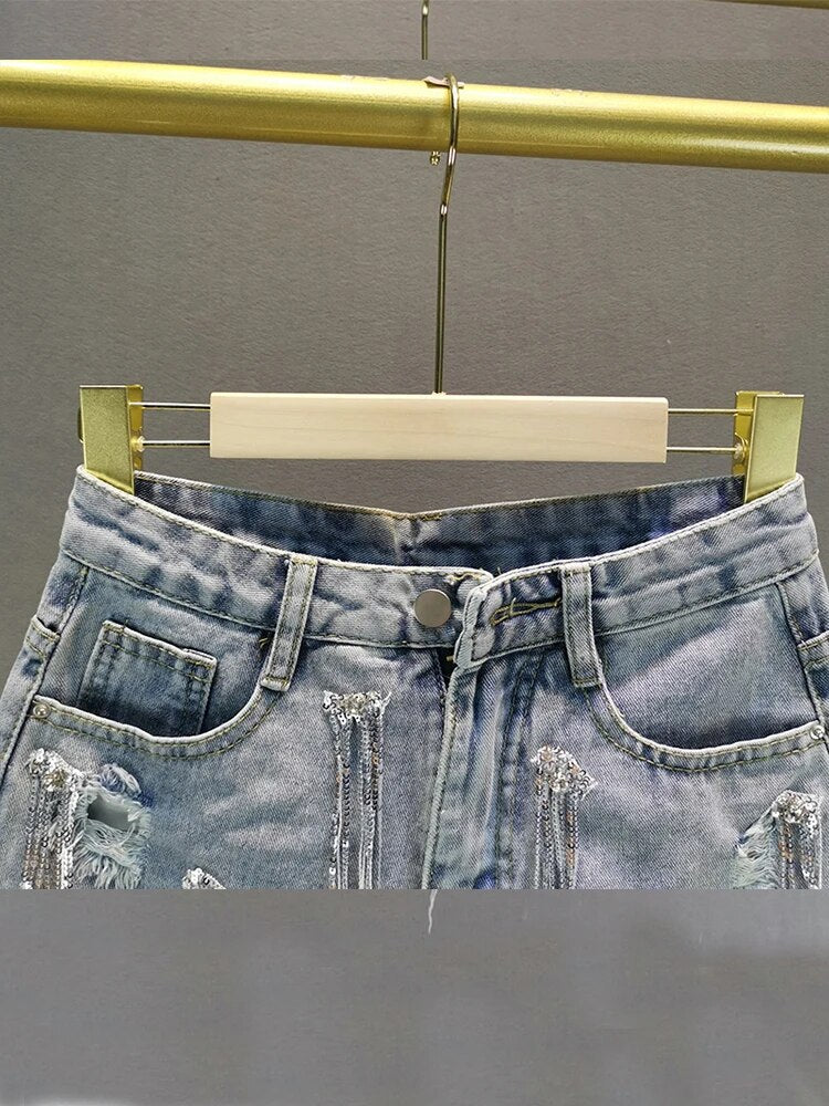 Pantalones cortos vaqueros con flecos de lentejuelas para mujer, ropa informal estilo europeo, Vaqueros cortos rasgados de cintura alta, holgados, 2022