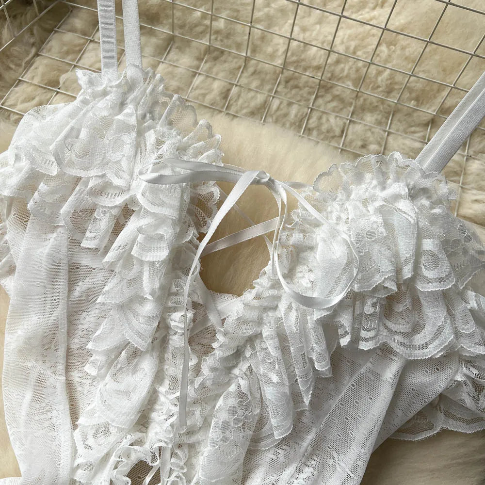 Wanita – robe transparente à volants et à lacets pour femmes, tenue de nuit en maille, dos nu, bretelles, tongs, vêtements de nuit, 2023