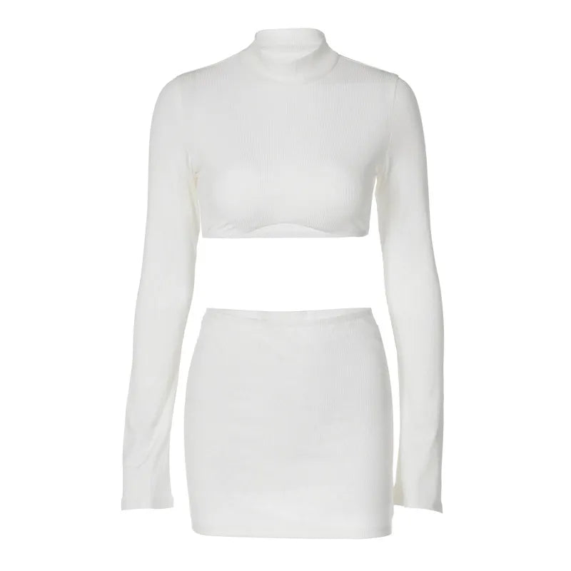 White Long SleeveTop Mini Slim Dress Sets Elegant Ruched Matching Sets Sexy 2 Piece Set Outfits for Women Club Party 658