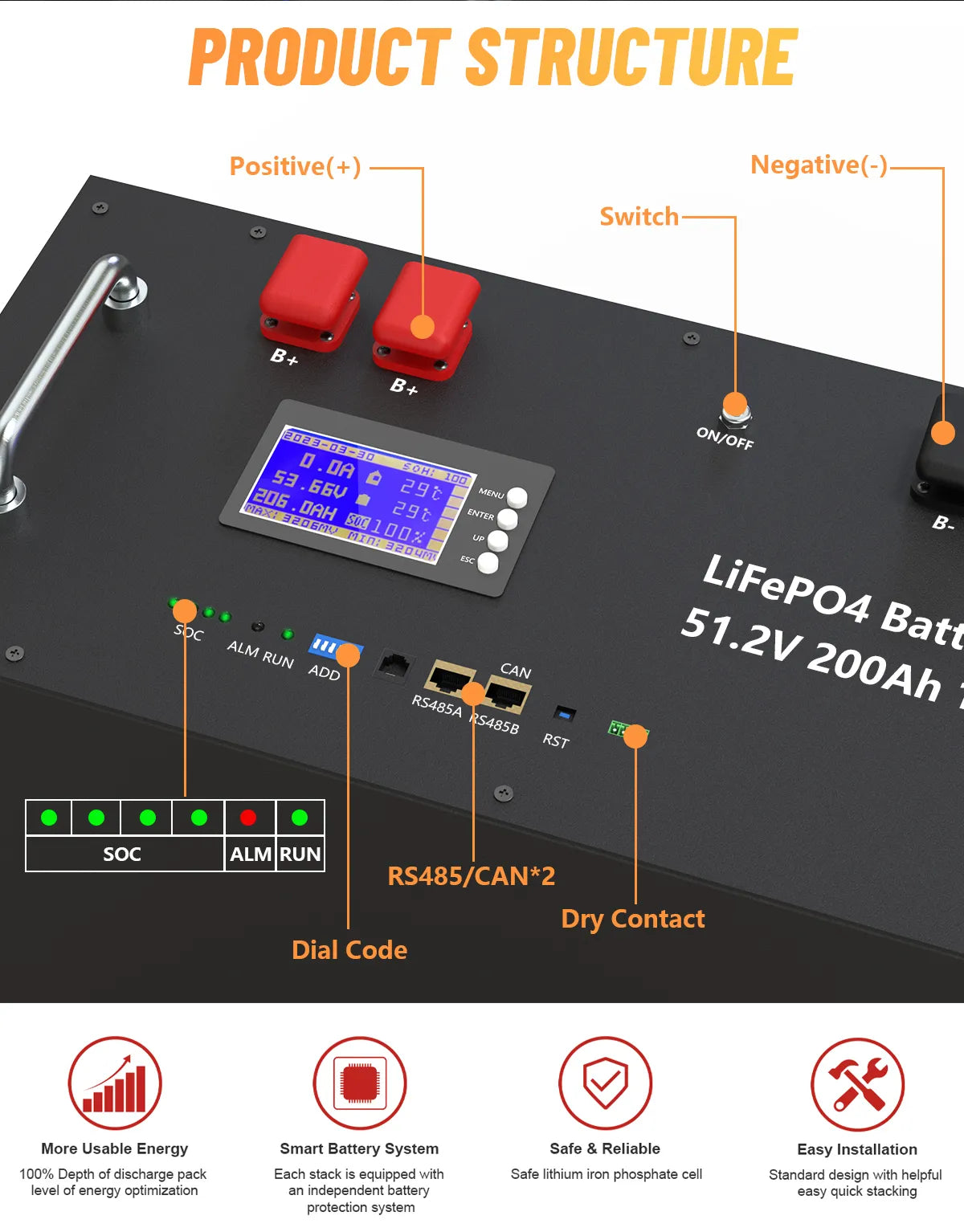 48V 200AH LiFePO4 Battery Pack 51.2V 10KWH Lithium Solar Battery 6000+ Cycles Max 32 Parallel RS485 CAN For Off/On Grid Inverter