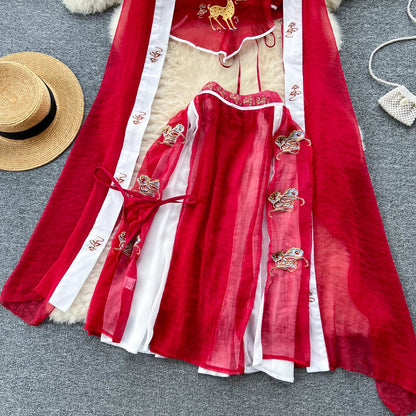 Chinese Style Embroidery Cosplay Nightsuits Ladies Sheer Camis+Long Skirt+Thongs Sexy Nightwear   Outfit Wanita