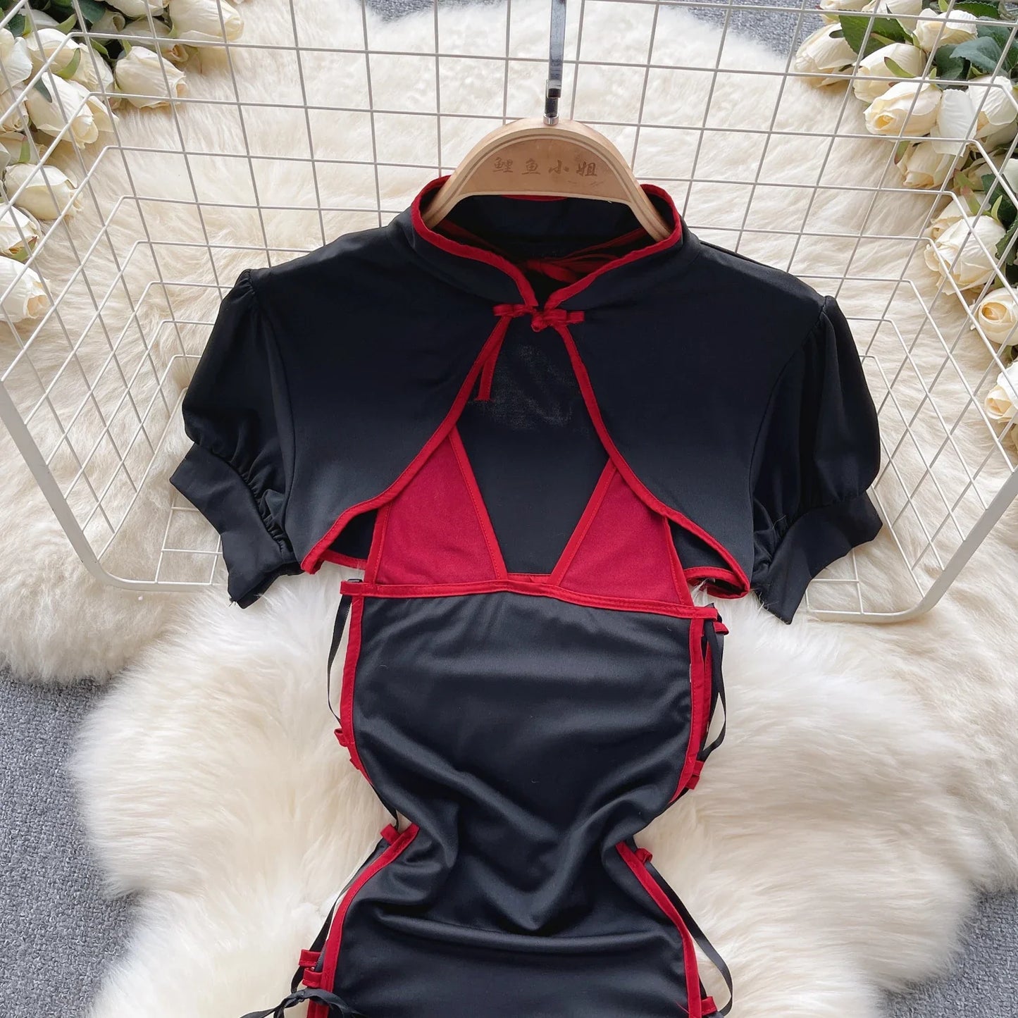 Cosplay Costume Sensual  Suits Kung Fu Girl Frog Lace Up Cross Design Dress+Thongs Hollow Out  Nightsuits Wanita