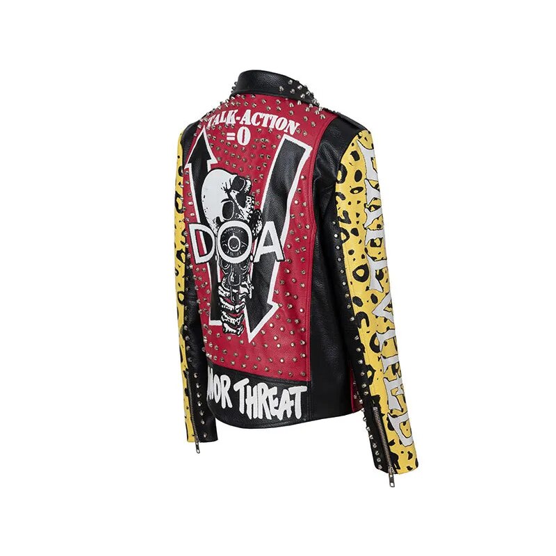 Graffiti Print Leather Jacket for Women's and Mens 2023 Punk Rivets Streetwear Contrast Stitched Faux Leather Motorcycle Jackets