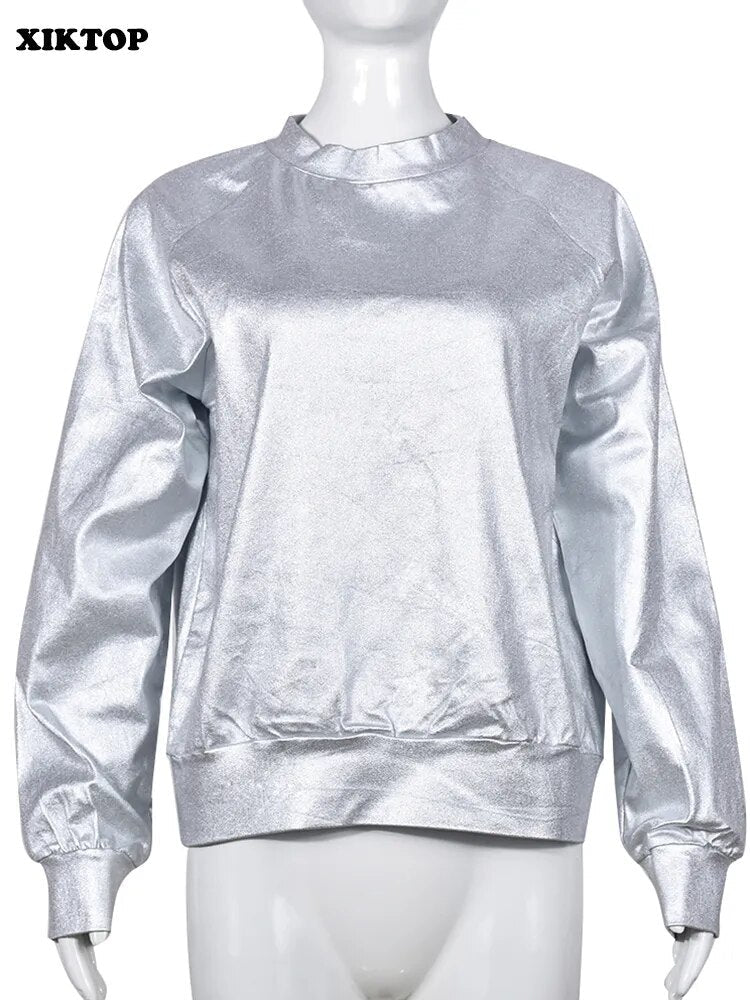 XIKTOP Silver T-Shirt Women Fall 2023 Fashion Matching Solid Female Clothing Basic Crew Neck Tops Street Punk