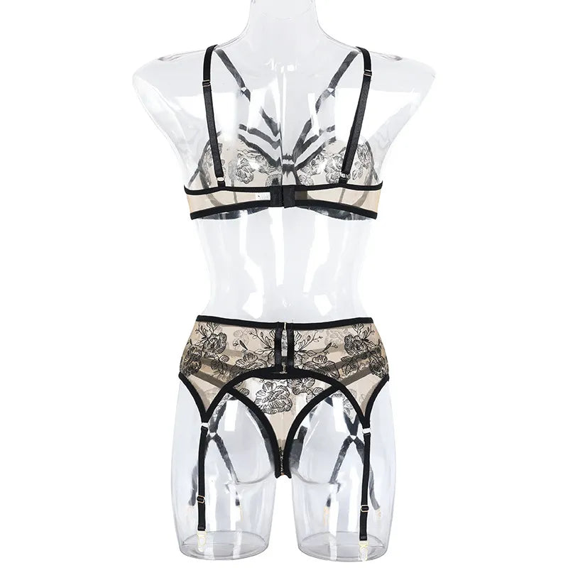 Ensemble de Lingerie Sexy pour femme, 3 pièces, soutien-gorge Transparent en dentelle, slip, jarretelles fantaisie, sous-vêtements intimes, culotte