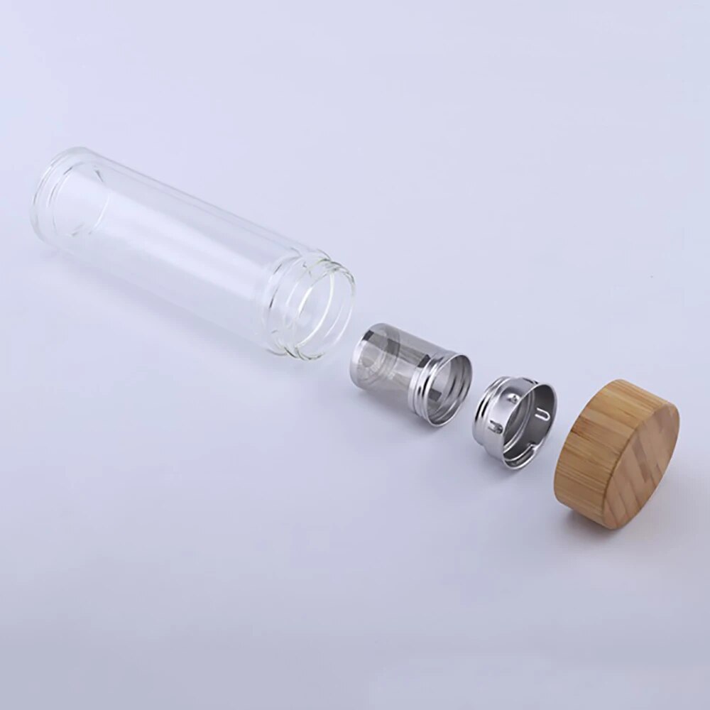 UPORS Bouteille d'eau en verre avec infuseur à thé Gobelet de voyage en verre à haute teneur en borosilicate à double paroi avec couvercle en bambou Bouteille de thé pour infusion