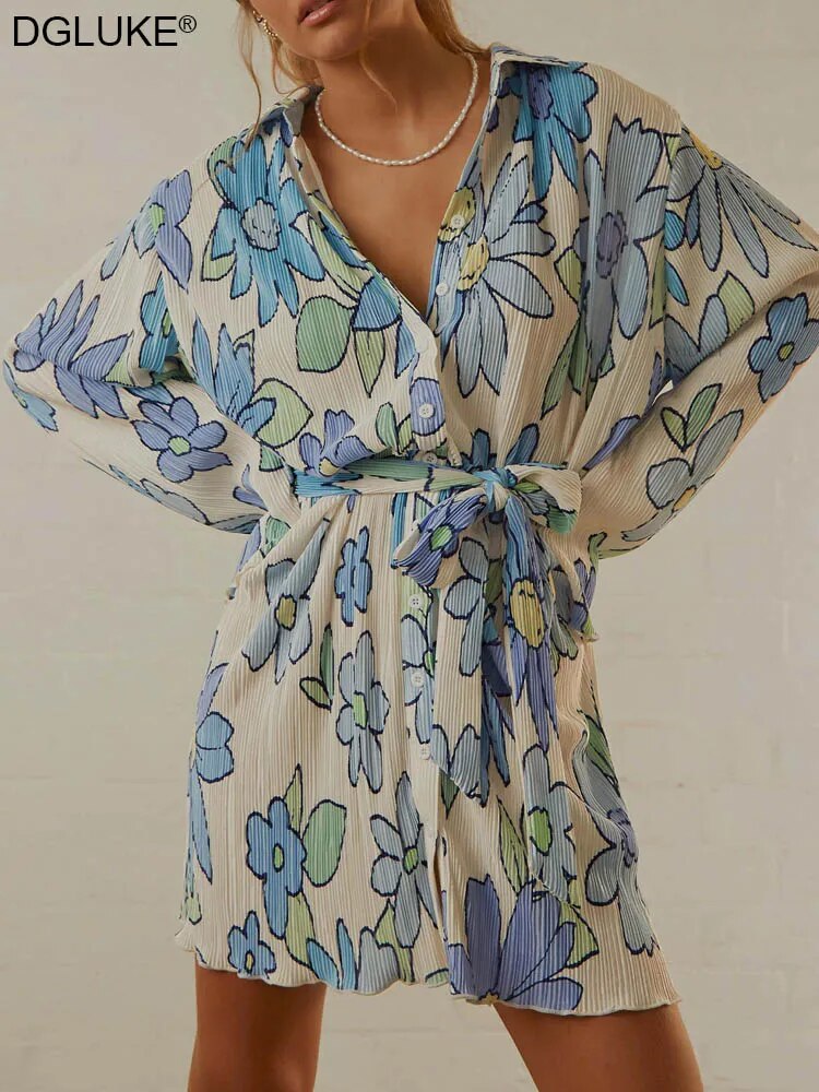 Robe chemise verte à manches longues, imprimé Floral, plissée, décontractée, Mini, Sexy, robes de plage, de fête, automne et hiver