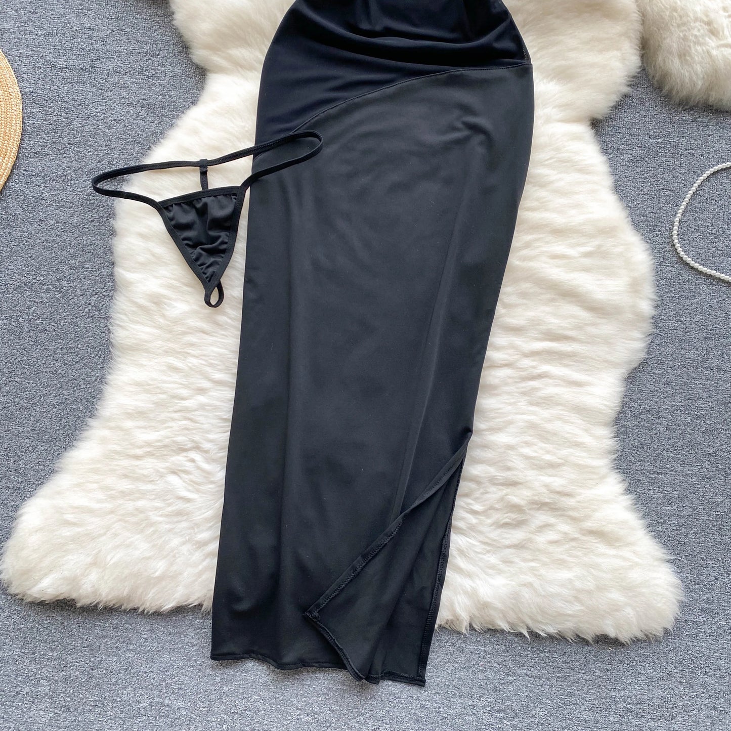 2023 Backless Sheer Mesh Sensual Nightdress Korean Hollow Out Split Bodycon Long Dress+Thongs  Mesh Nightwear Wanita