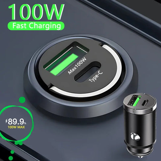 Mini cargador de coche de 100W, encendedor de carga rápida para iPhone QC3.0 Mini PD USB tipo C, cargador de teléfono para coche para Xiaomi, Samsung, Huawei