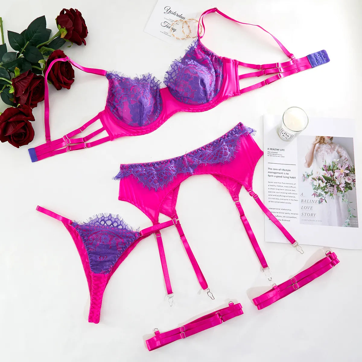 Lencería Sensual de encaje Push Up, ropa interior delicada, conjuntos de aros de 3 piezas, kits cortos bonitos y elegantes para el cuidado de la piel