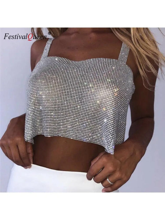 Top corto Sexy para fiesta con diamantes de imitación ostentosos, Top liso con tirantes y espalda descubierta, Top corto con lentejuelas y diamantes para mujer 2022