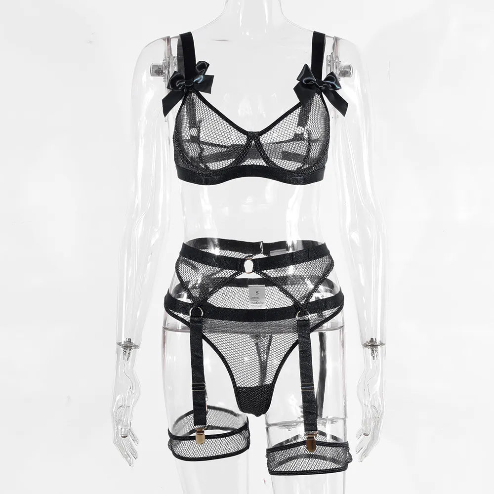 Lingerie Sexy néon avec chaussettes, sous-vêtements transparents en dentelle avec nœud papillon, maille transparente, ensembles transparents, 5 pièces