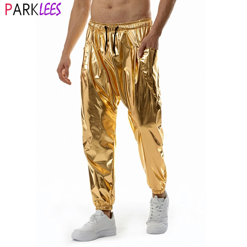 Pantalones de chándal para correr metálicos dorados brillantes para hombre, pantalones Cargo informales de Hip Hop con bolsillo, ropa de calle para fiesta de baile disco, fiesta de graduación